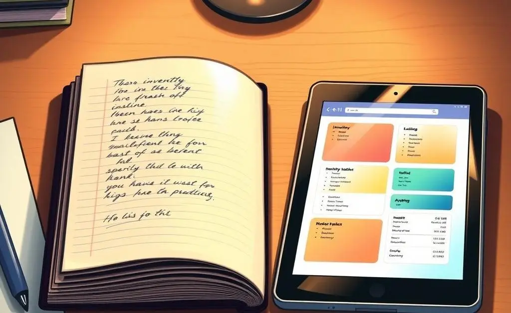 A side-by-side comparison of a paper notebook with inventory notes versus a digital tablet with an app.