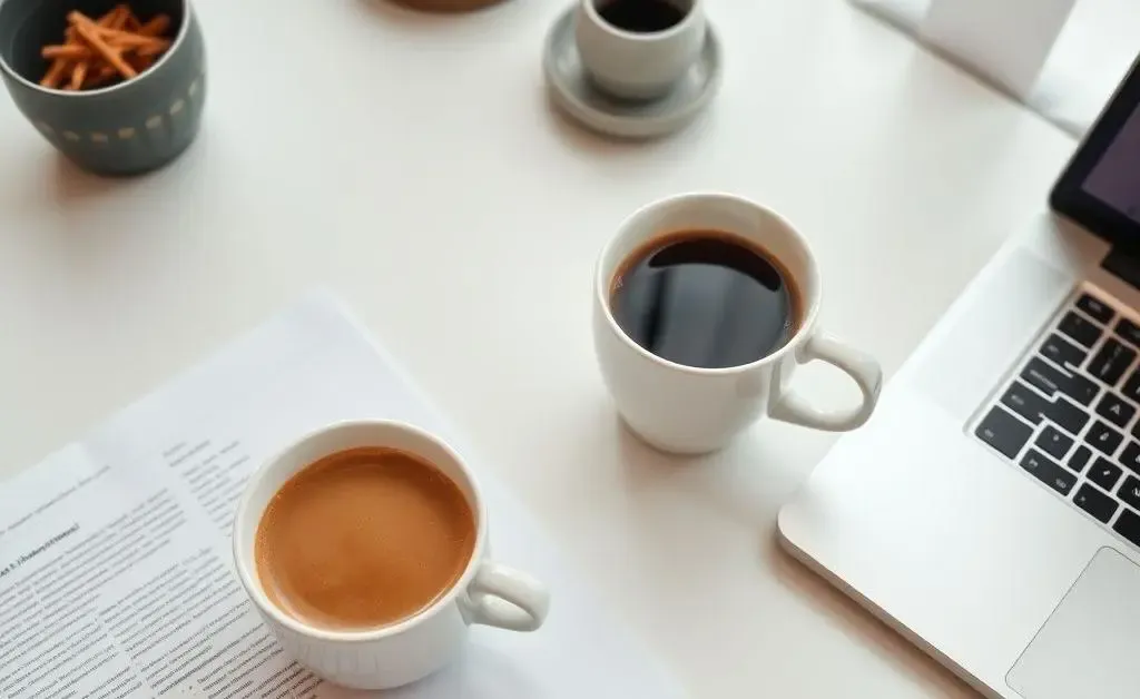 Paperwork, coffee, and a laptop on a desk with a calming vibe.