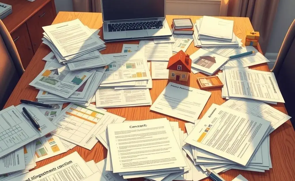 Illustration of a table covered in paperwork about buying and selling houses.