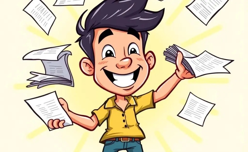 Cartoon of a person juggling house-buying paperwork and smiling