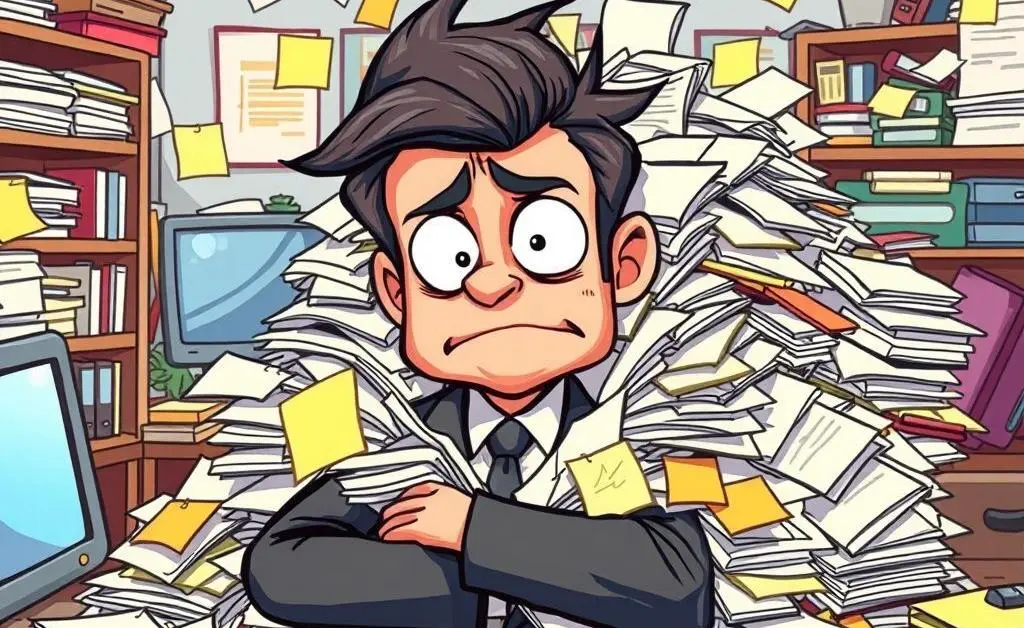 A cartoon illustration of an agent buried under paperwork