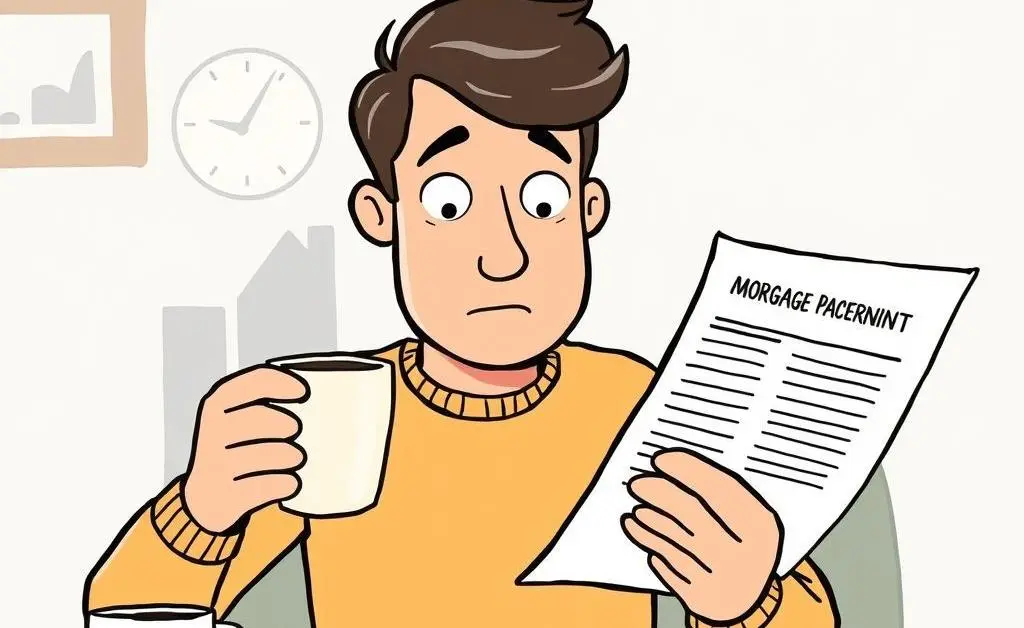 Stack of mortgage paperwork next to a laptop and coffee cup