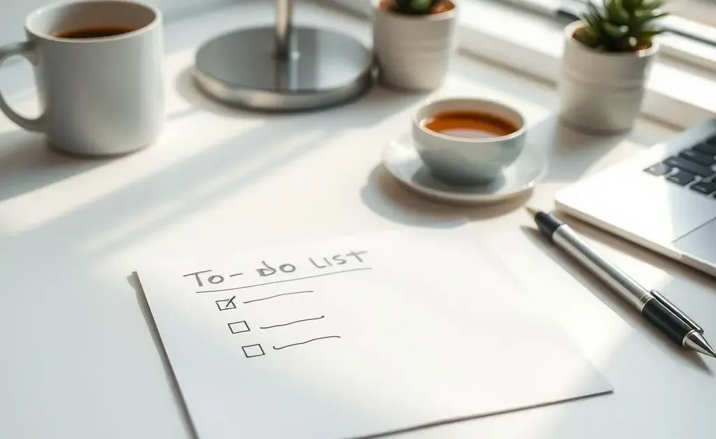 A simple to-do list with crossed-out tasks on an office desk.