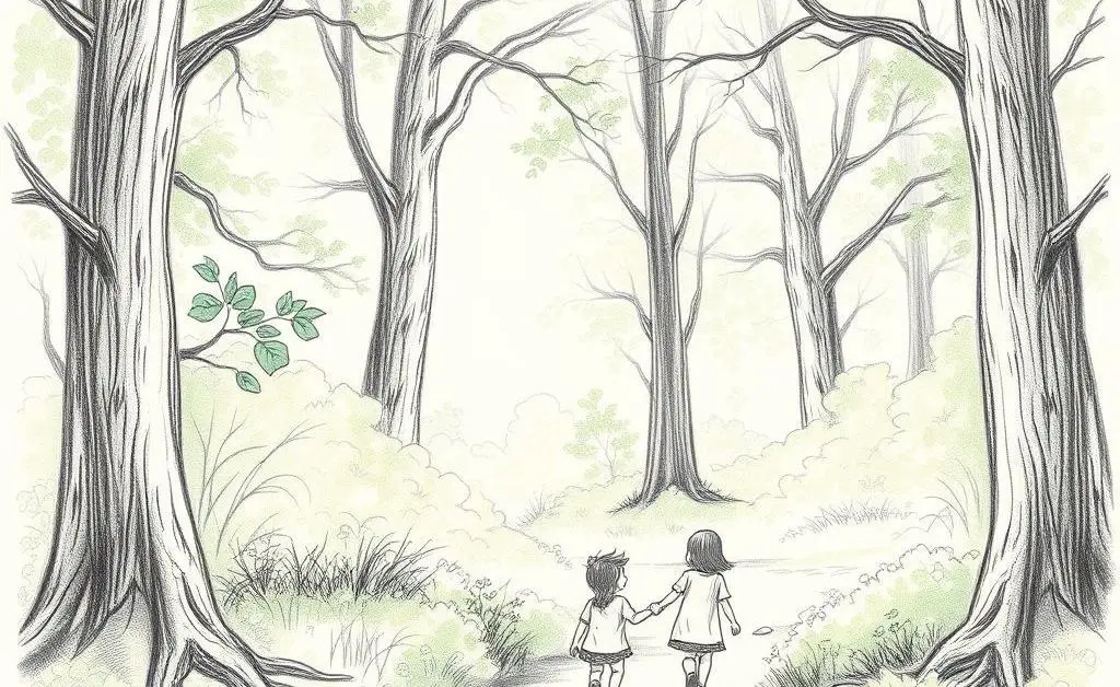 A parent and child walking through a serene forest