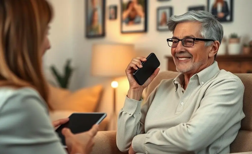 A parent on the phone speaking with an insurance agent, looking relieved
