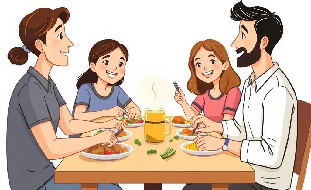 An illustration of a family casually discussing finances over a meal.