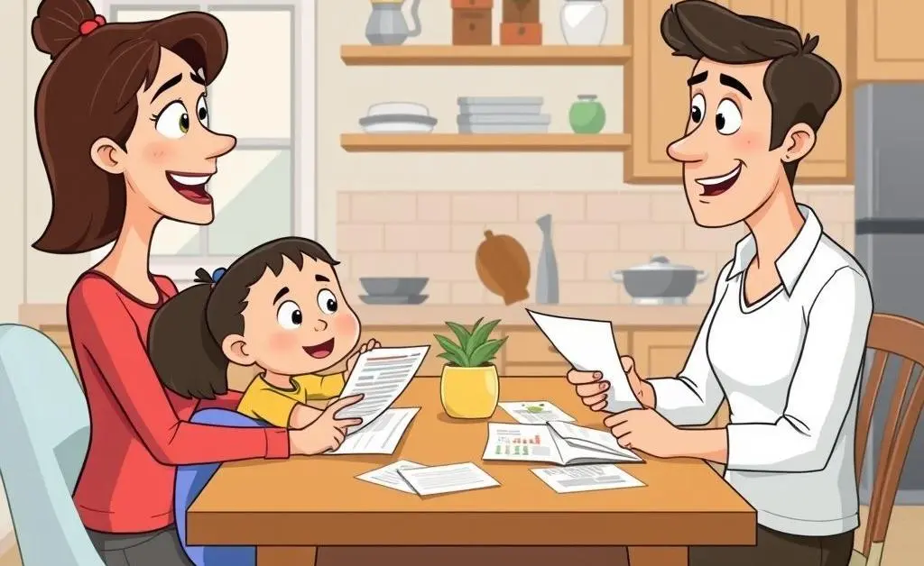 Parents discussing finances with their child over paperwork at a kitchen table.