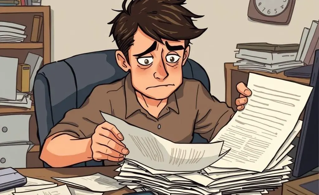 A person at a desk looking frustrated with insurance documents and a phone nearby