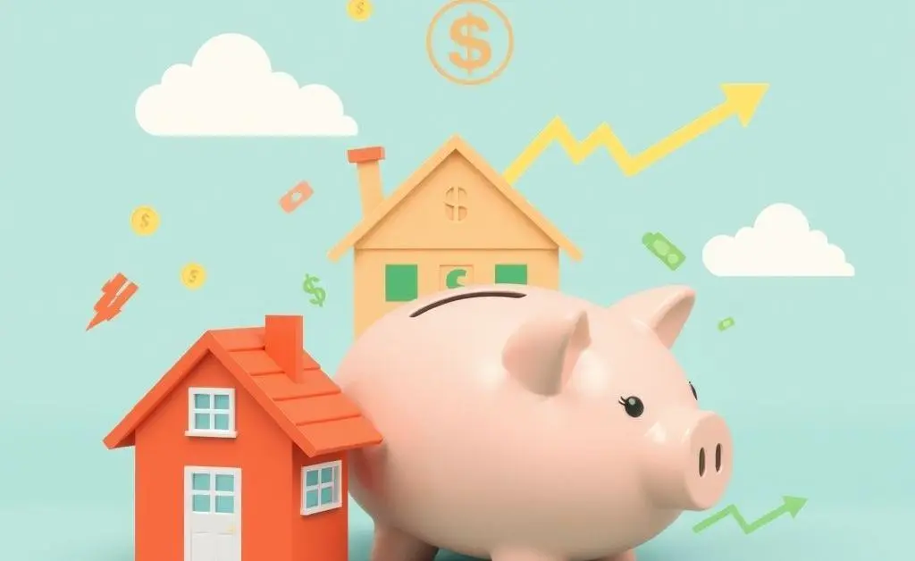 Imagery of passive income sources like real estate, stocks and a piggy bank.