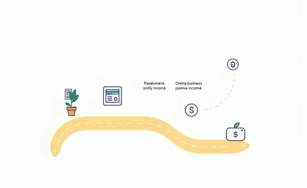 A minimalist cartoon-style roadmap of a journey leading to passive income