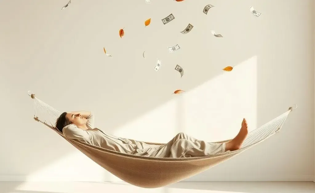 Modern, minimalist image of a person relaxing on a hammock with money floating down like leaves.