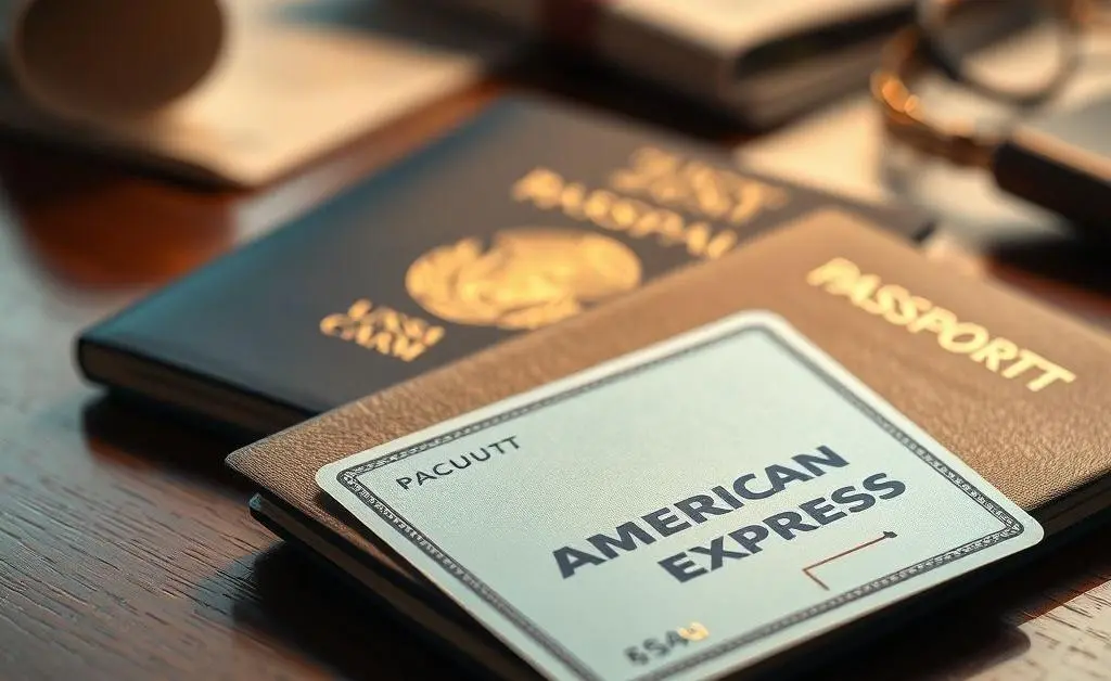 A passport and an American Express card on a desk, symbolizing travel and perks.