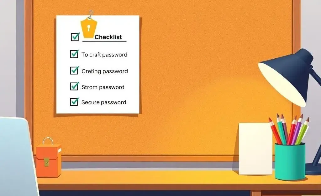 A checklist focused on creating strong passwords, displayed on a desk