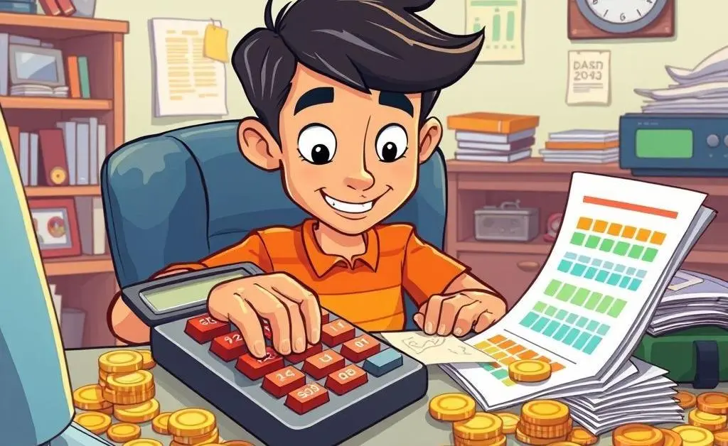 A person budgeting at a desk with coins and a calculator
