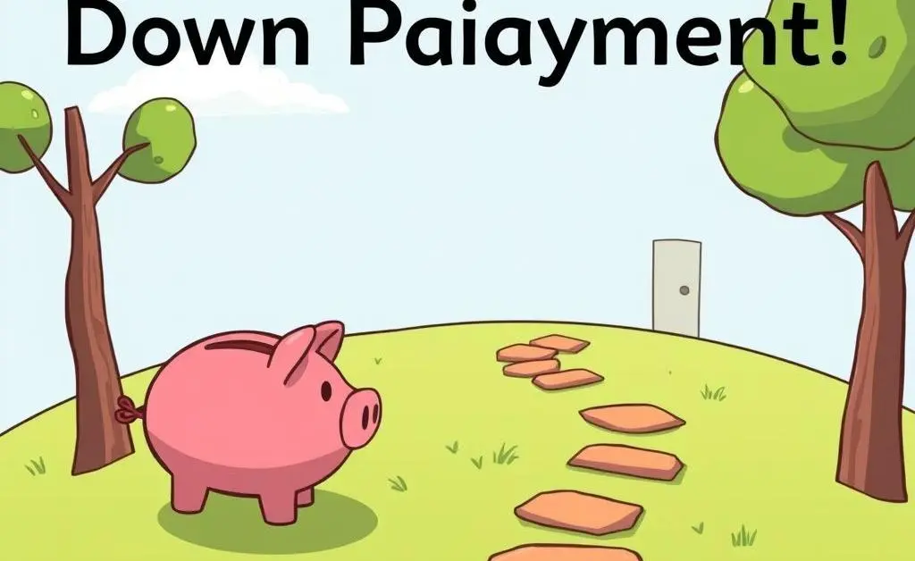 Cartoon-style image of a path leading to a piggy bank representing savings for a down payment.