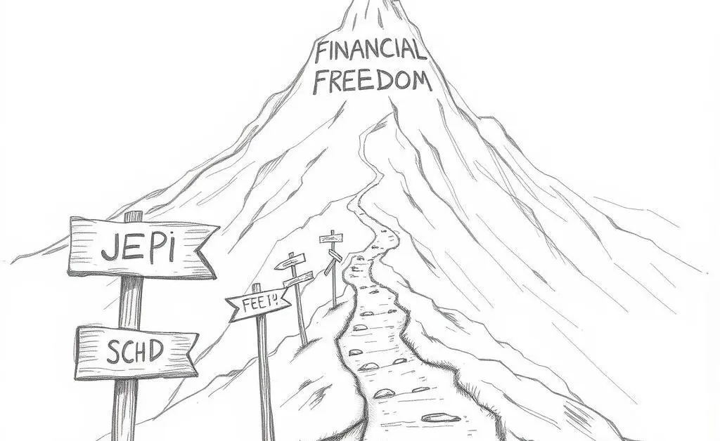 A hand-drawn image of a path leading to a distant mountain labeled 'Financial Freedom', with signposts for JEPI and SCHD along the way.