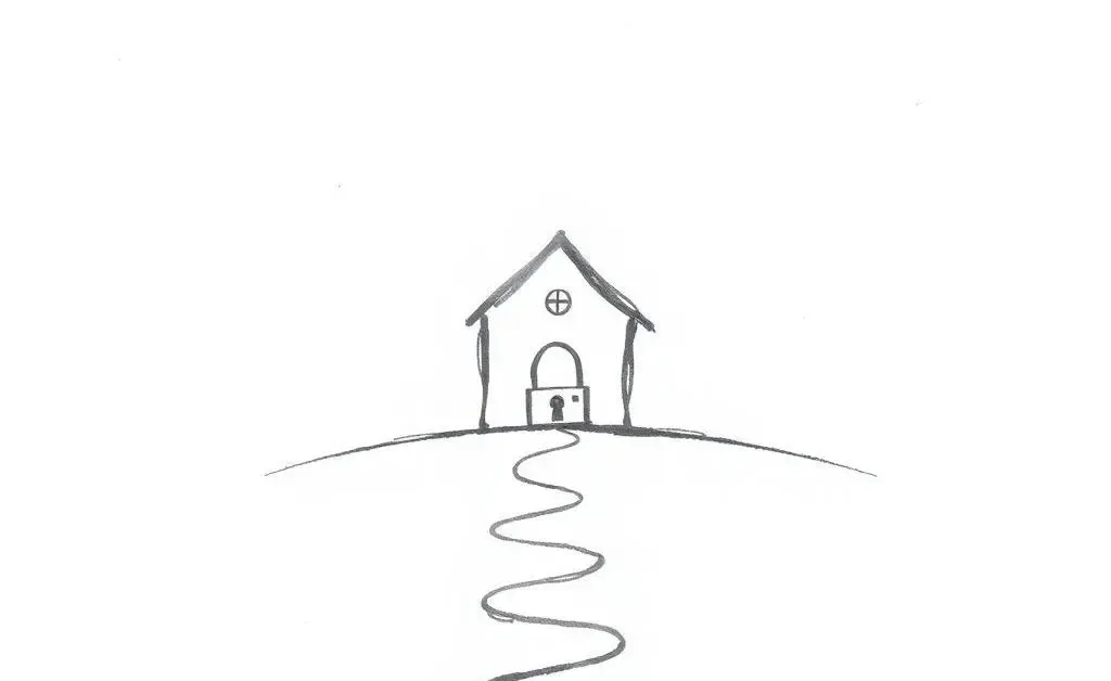 A hand-drawn path leading towards a secure home, symbolizing the journey from risk to security.