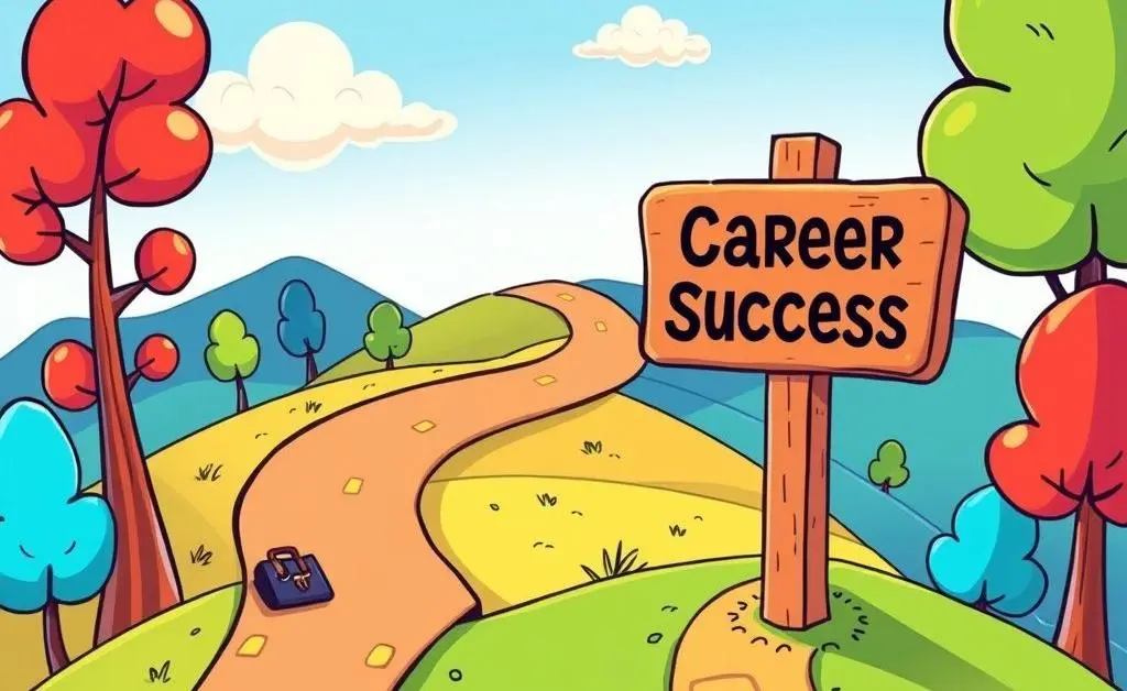 An illustration of a roadmap leading to a career success signpost.