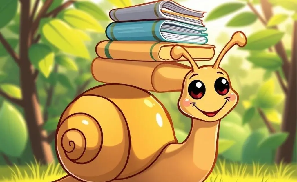 A snail carrying paperwork, symbolizing patience and practice.