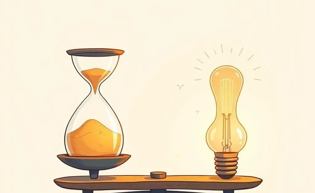 A whimsical illustration of a scale balancing an hourglass on one side and a lightbulb on the other.