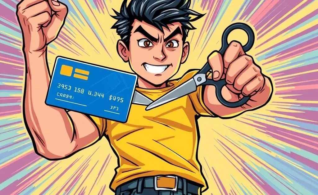 A person triumphantly cutting a credit card in half.