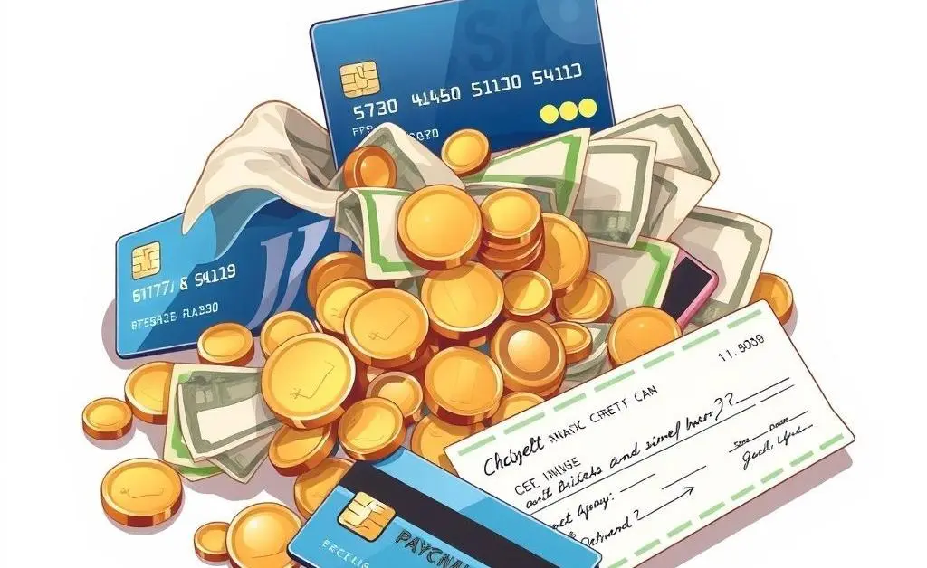 Illustration of different payment methods, including cash, cards, and checks