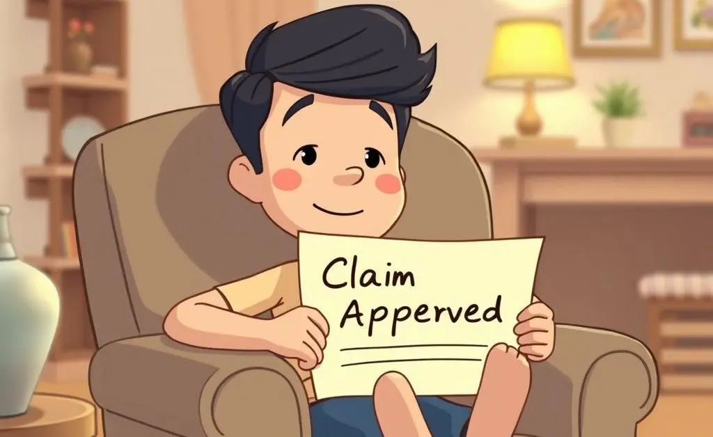 Cartoon character relaxing with 'Claim Accepted' document