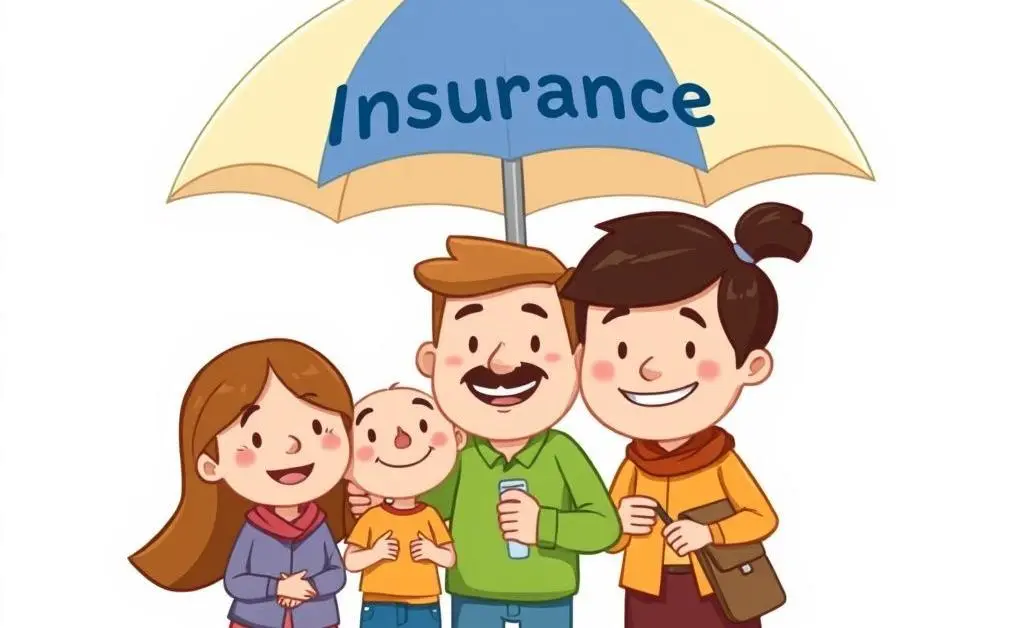 Cartoon-style depiction of a family feeling secure under an umbrella labeled 'Insurance'.