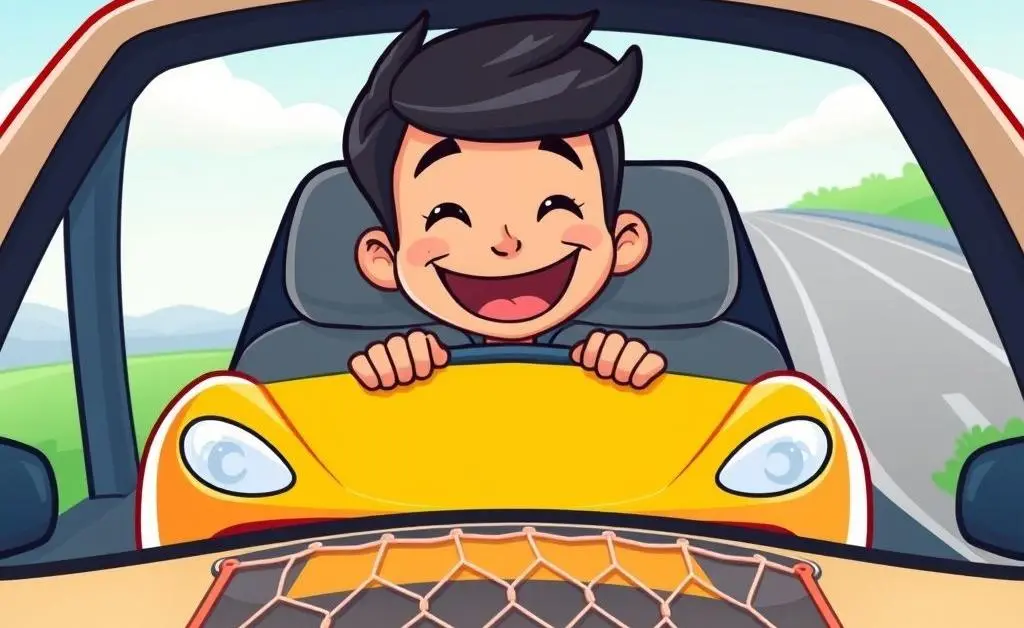 A cartoon of a smiling person driving a car with a safety net symbol beneath it.