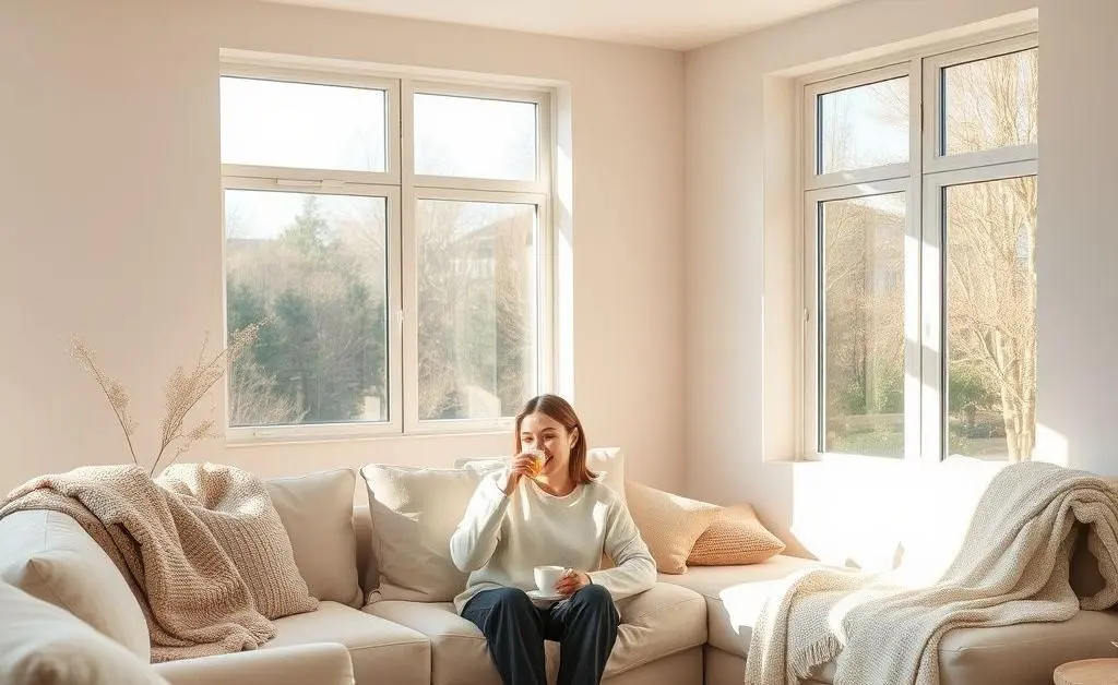 A peaceful living room with a person enjoying a cup of tea, looking relaxed.