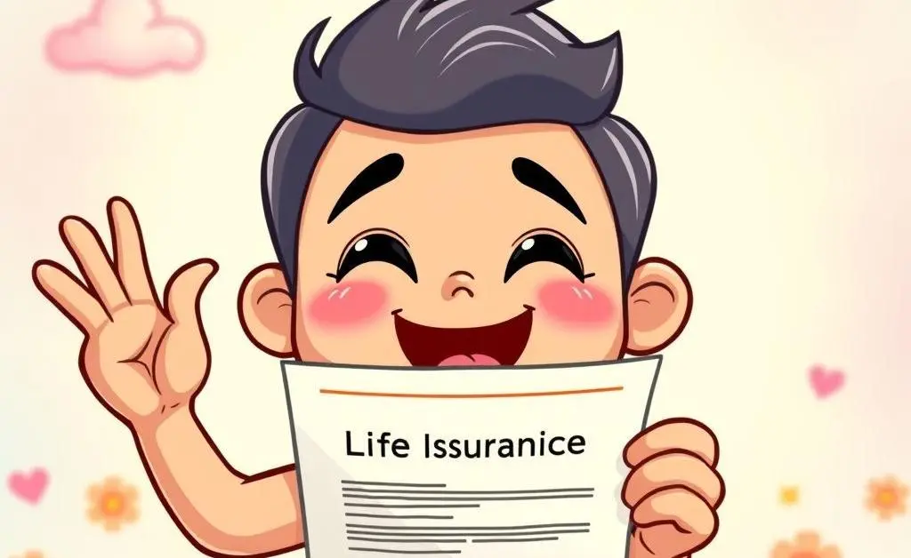 A cartoon character feeling relieved with an open life insurance policy document.