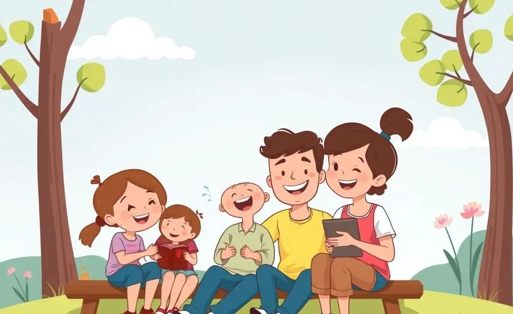 A serene cartoon scene showing a family enjoying time together, symbolizing peace of mind from good insurance coverage