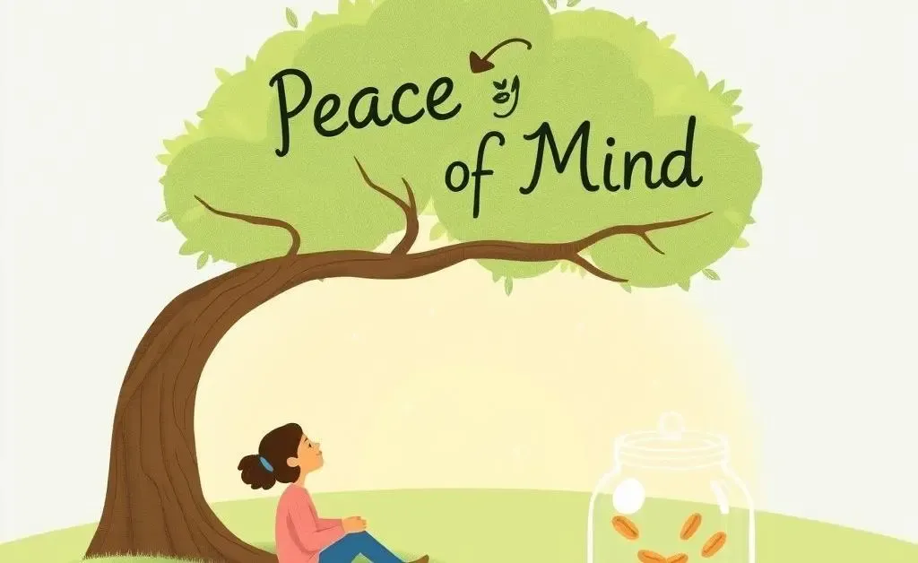A serene illustration of a person sitting peacefully under a tree labeled 'Peace of Mind' with a savings jar.