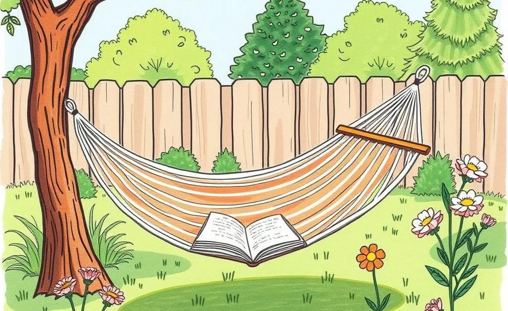 A peaceful backyard scene with a hammock and flowers
