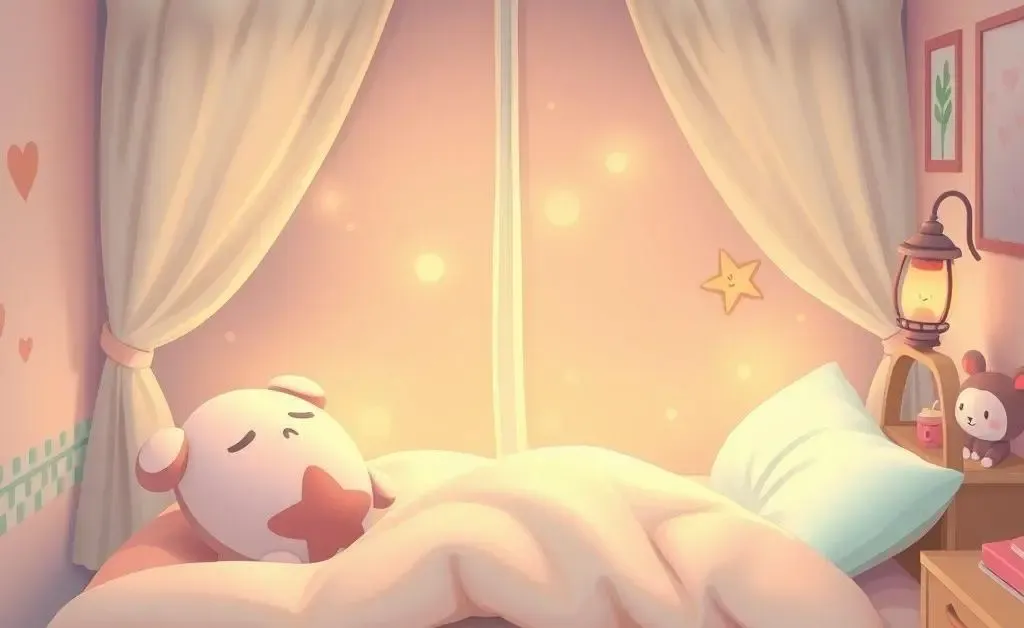 A cartoon-style painting of a serene bedroom setting with soft bedding and gentle decor.