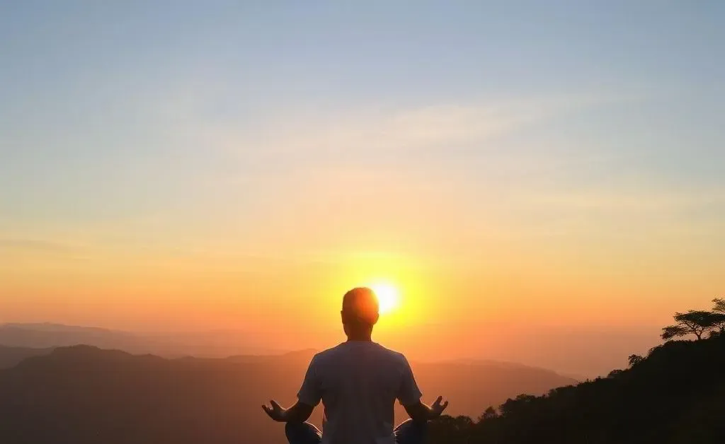 A peaceful person meditating on a hilltop during sunrise