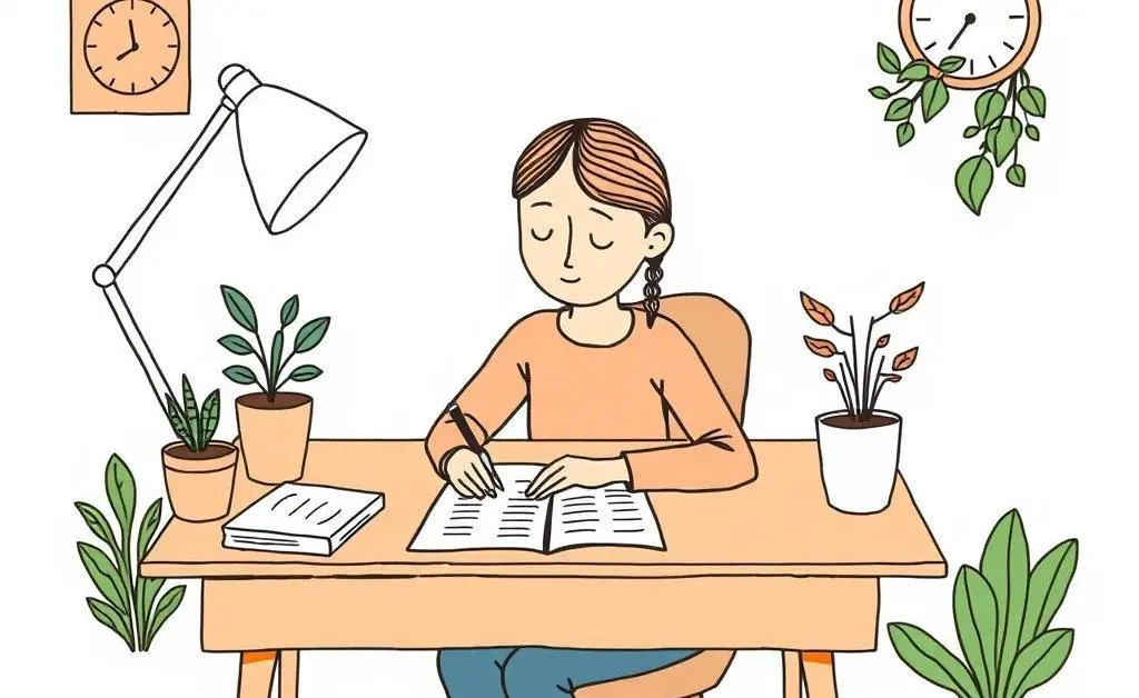 Cartoon of someone calmly planning their budget at a desk.