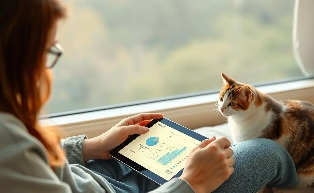 Serene scene of budget planning with a cat nearby