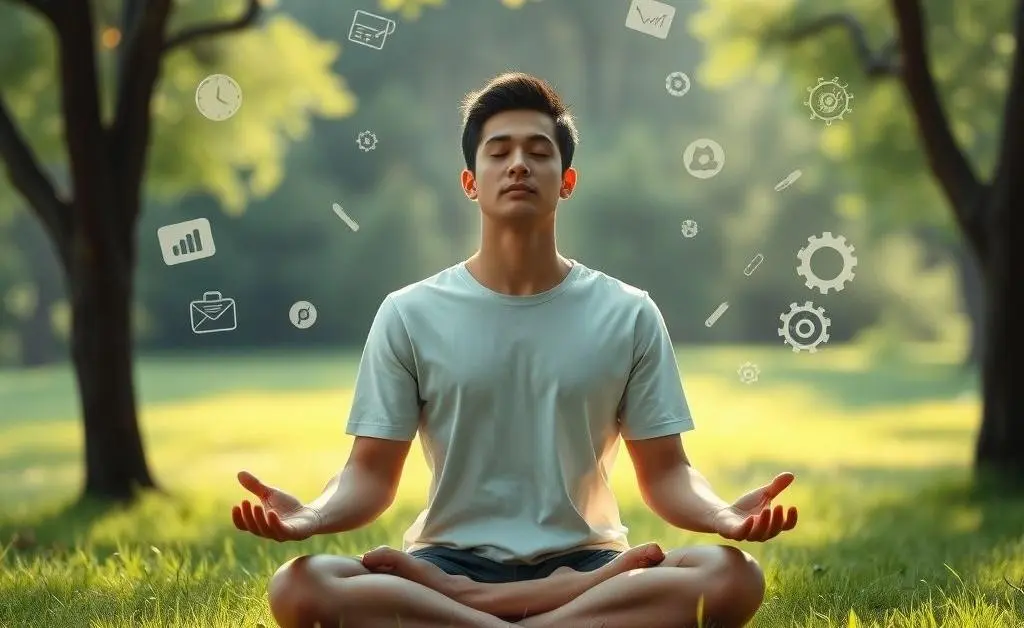 A person meditating with symbols of career balance and peace.