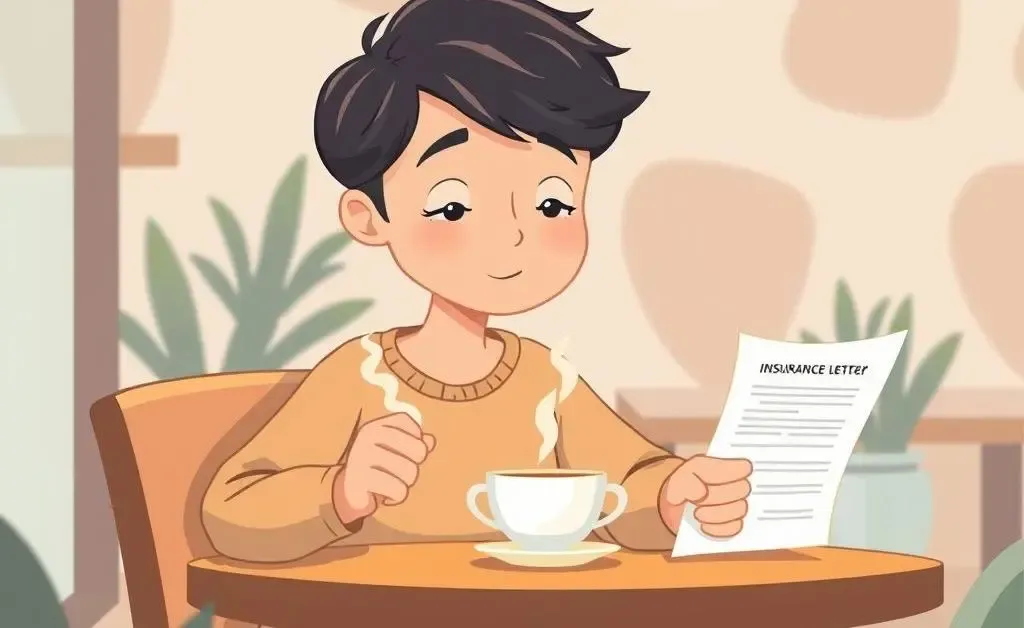 A tranquil cartoon-style scene of someone having a coffee break while contemplating an insurance letter.