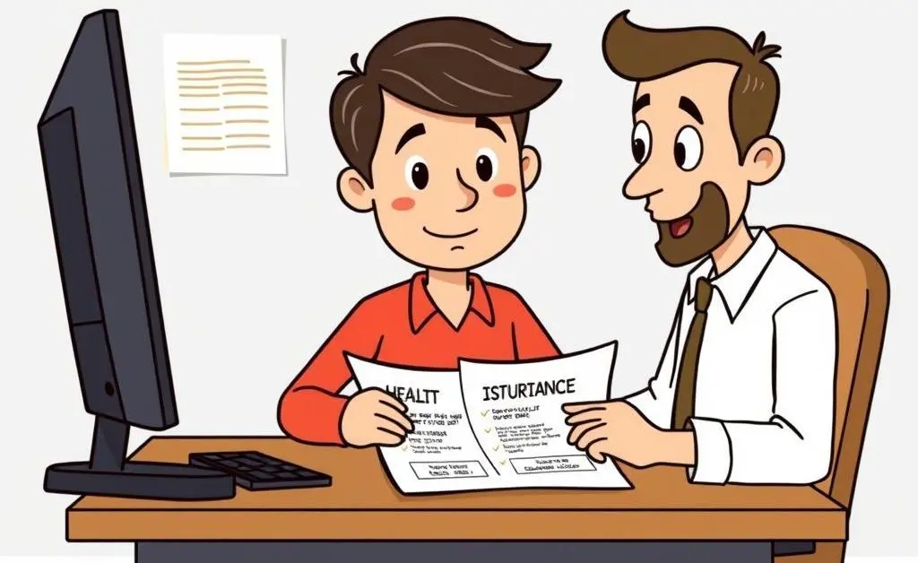 Person sitting at a desk, comparing different health insurance plans on paper