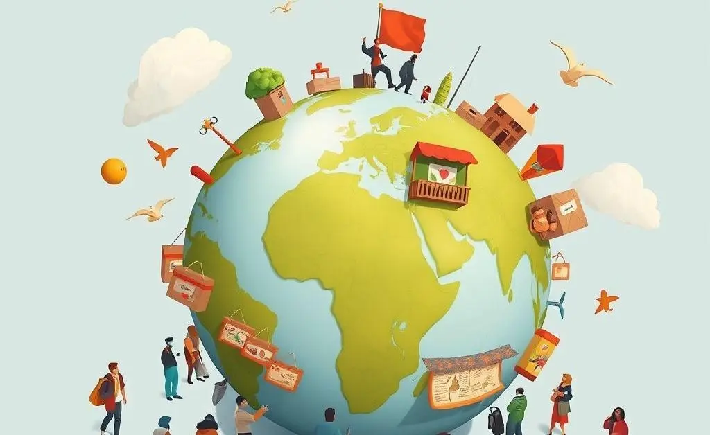Imaginary globe with people shopping around it enjoying diverse products.