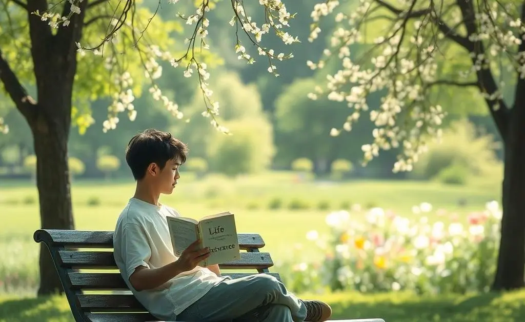 Person peacefully reading a book titled 'Life Insurance' in a serene park