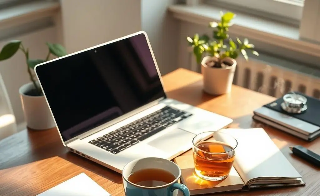 A tidy desk with a laptop, a plant, a cup of tea, and a notebook.