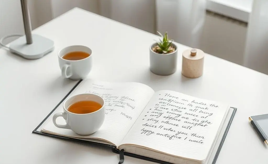 A tidy desk with a planner and cup of tea.