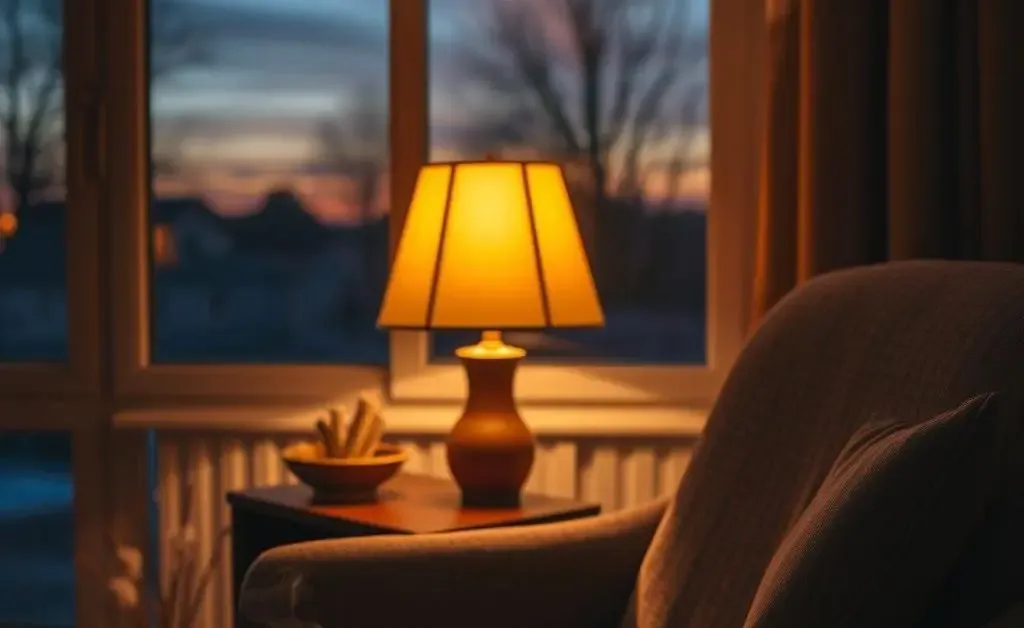 A peaceful evening setup with soft lighting and a warm beverage.