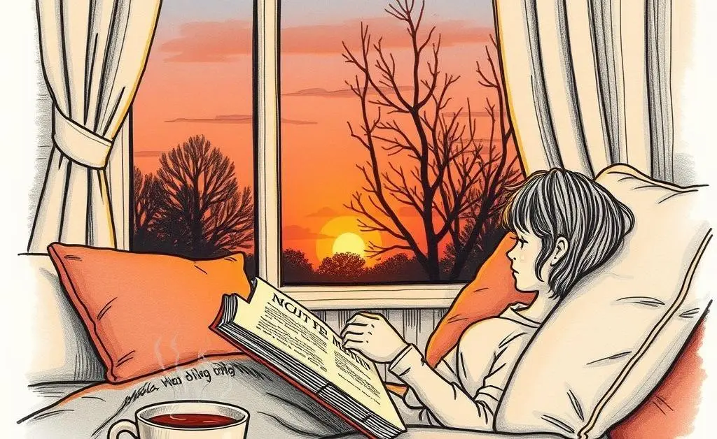 An evening scene with a book and tea depicting relaxation at home