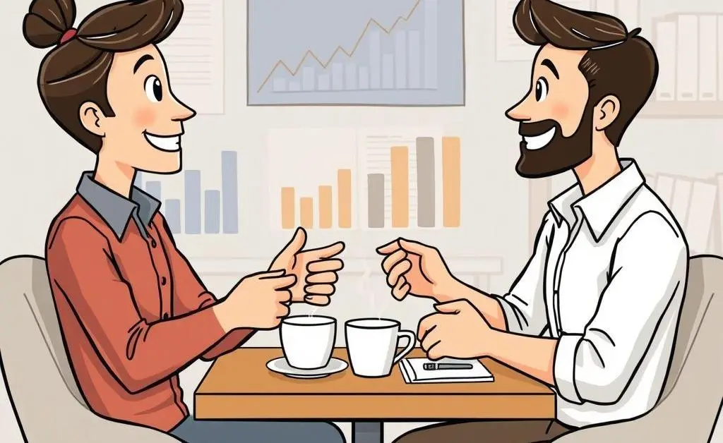 A cartoon-style drawing of two friends having a discussion over coffee with charts and finance books in the background