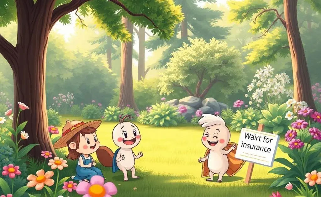 Characters discussing insurance in a peaceful garden.
