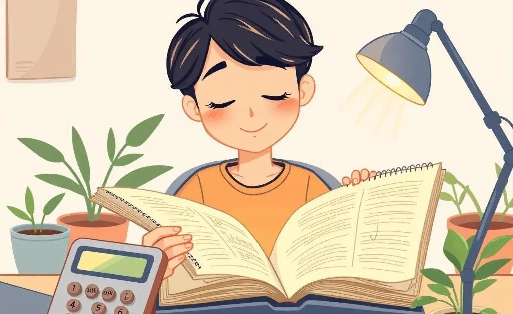 A cartoon of a person peacefully planning their finances at a desk with a notebook and calculator.